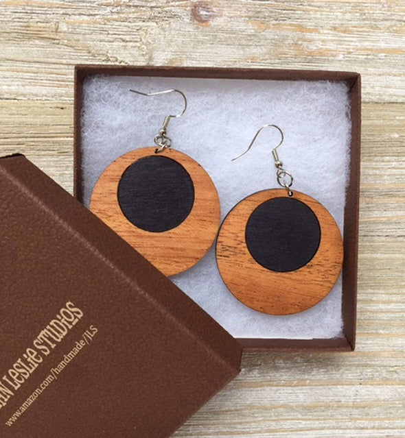 Black Dot Wood Offset Hoop Earrings from Reclaimed Mahogany and Black Stained Maple
