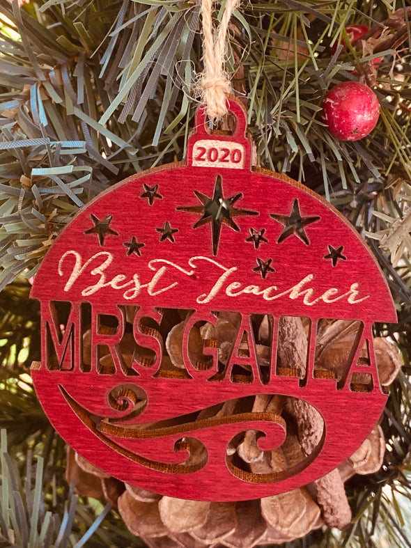Personalized 2023 (or any year) Best Teacher Ornament from Solid Wood Free Gift Box.