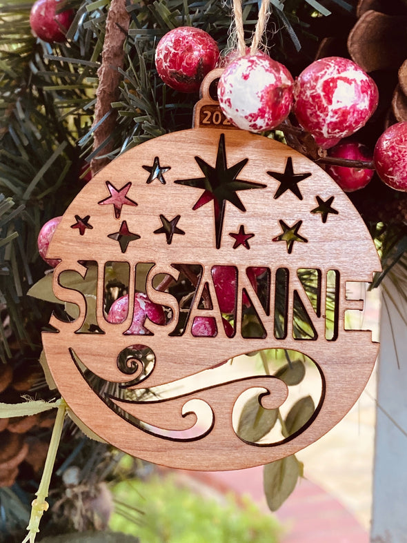 Personalized Christmas Ornament 2023 (or any year) Solid Wood Starry Nights Design
