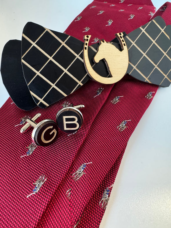Wooden Bow Tie Plaid with Derby Horse on Black Maple
