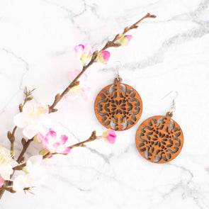 Round Ornate Wood Earrings from Reclaimed Mahogany