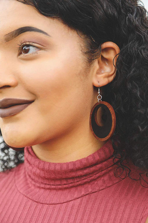 Two-Tone Wood Hoop Earrings from Natural Reclaimed Mahogany and Black Stained Maple