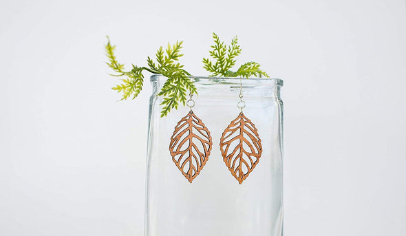 Wood Leaf Earrings from Solid Mahogany Stained Reclaimed Maple