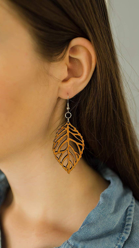 Wood Leaf Earrings from Solid Mahogany Stained Reclaimed Maple