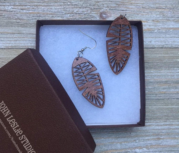 Wood Feather Earrings from Solid Stained Maple