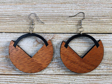 Two Tone Modern Art Deco Wood Hoop Earrings from Solid Mahogany and Black Maple