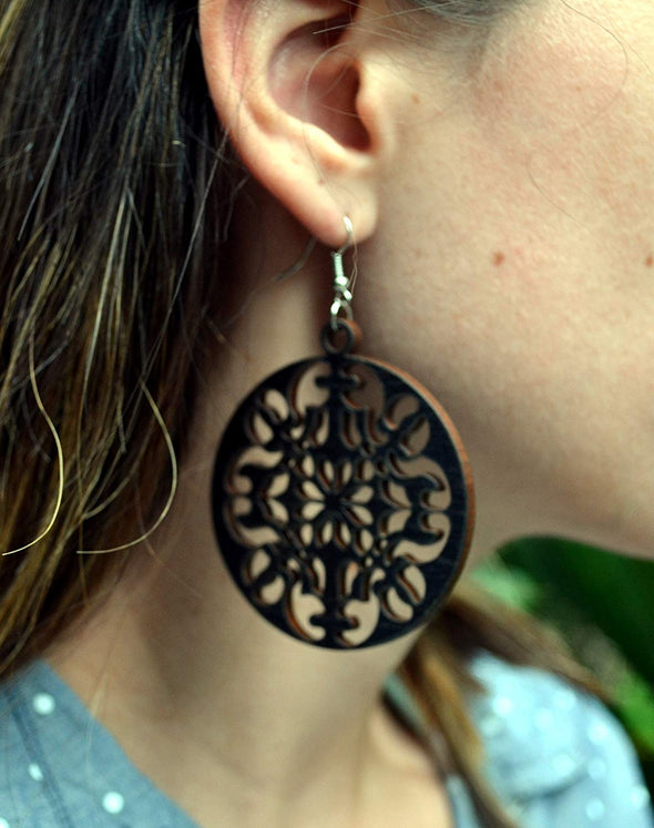 Round Ornate Wood Earrings from Reclaimed Black Maple