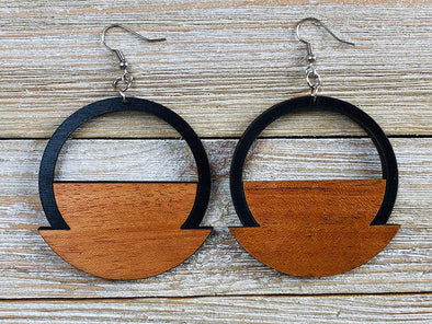 Two Tone Art Deco Weighted Hoop Wood Earrings from Solid Mahogany and Black Maple