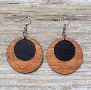 Black Dot Wood Offset Hoop Earrings from Reclaimed Mahogany and Black Stained Maple