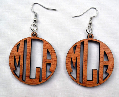 Monogram Earrings in Solid Mahogany Wood Personalized