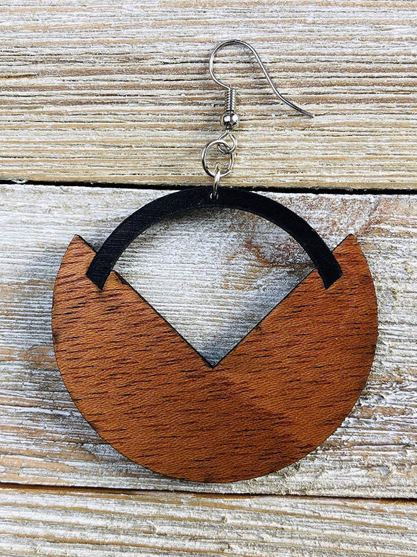Two Tone Modern Art Deco Wood Hoop Earrings from Solid Mahogany and Black Maple