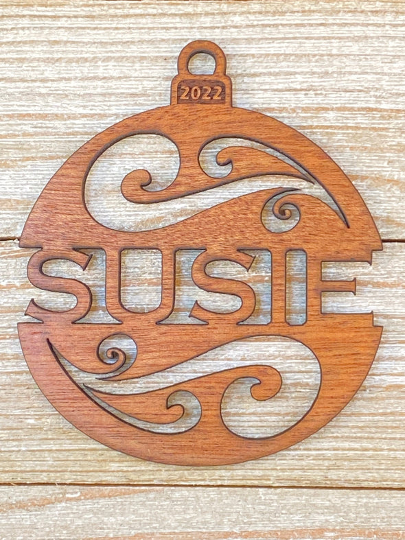 Personalized 2022 Christmas Ornament From Solid Wood Holiday Swirl Design